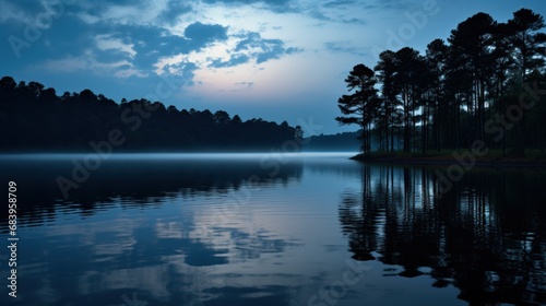  a body of water with trees on the side of it and a sky with clouds and sun in the distance.