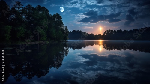  a full moon setting over a lake with trees in the foreground and a full moon in the sky above it.