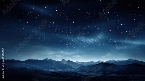  a night sky filled with stars and stars above a mountain range with snow capped mountains in the foreground and a dark blue sky filled with stars. © Anna