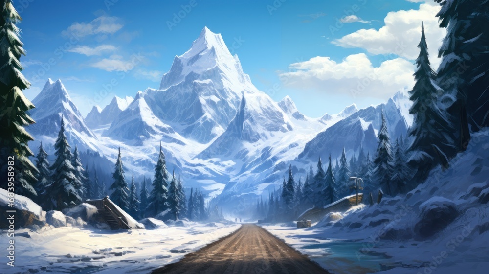  a painting of a snowy mountain scene with a road in the foreground and snow covered mountains in the background.