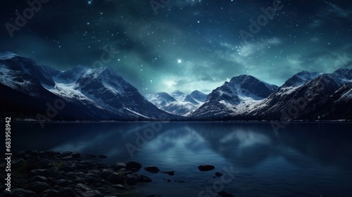  a night scene of a mountain range with a lake in the foreground and stars in the sky above it.