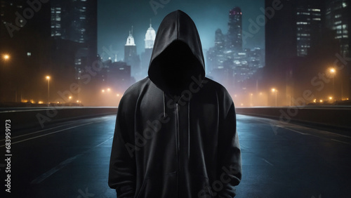 In the urban landscape, a hacker clad in a hooded jacket signifies the cybercrime and security narrative