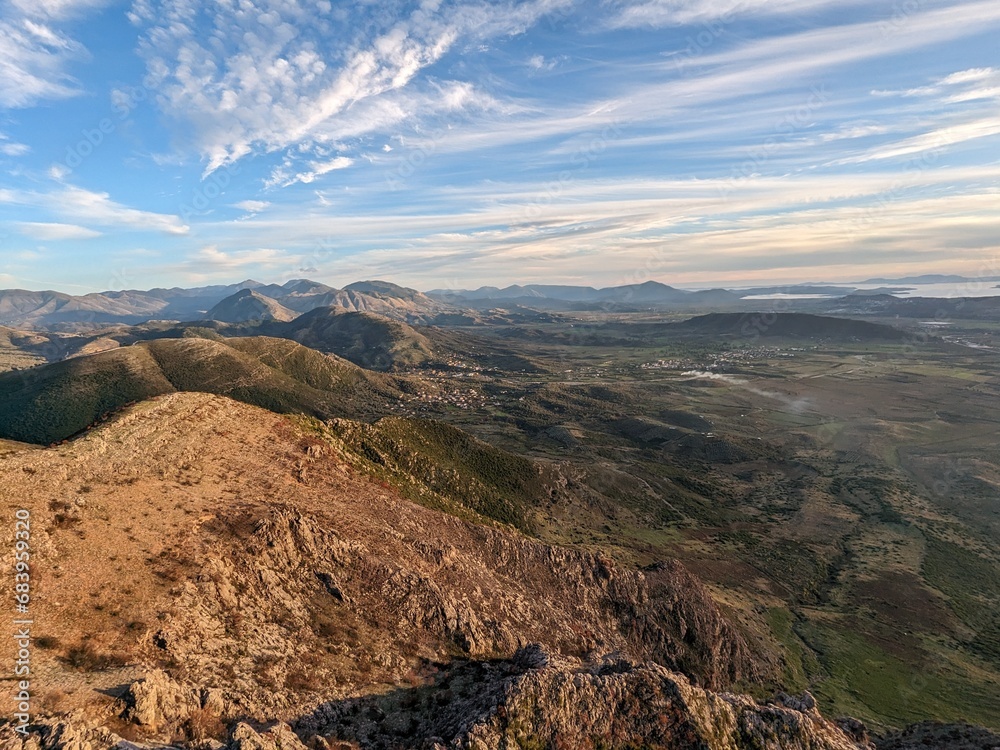 Albanian mountains near Saranda-aerial panorama landscape view  Albania Aerial photography. The Ionian Sea.Albanian Riviera. Shooting from a drone Sarande.Albanian coast-Balkan country.Hikers paradise