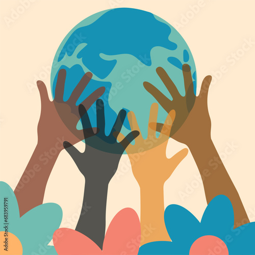 Motivational poster against racism. Hands of latin and black skin. Concept of tolerance and friendship of peoples. The globe. For postcards, posters, invitations