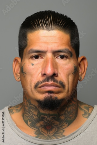 headshot mugshot of a gang member hispanic man looking at the camera with his body covered with tattoos on gray background photo