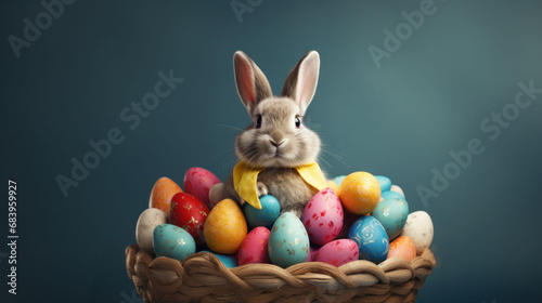 A bunny adorned with a yellow scarf sits among a colorful basket of eggs, ready for an Easter Egg Hunt Adventure.