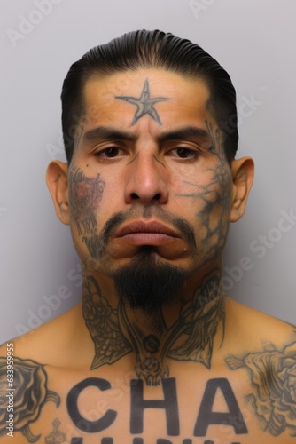 headshot mugshot of a gang member hispanic man looking at the camera with his body covered with tattoos on gray background photo