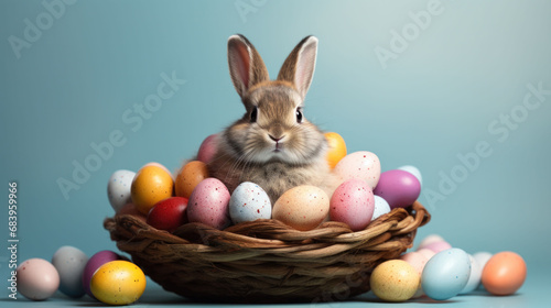  A bunny gazes from a basket filled with Easter eggs, a serene depiction of Easter Bunny Festive Moments. © Liana
