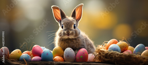 A bunny rests by a basket of pastel Easter eggs, tranquil Easter Bunny Festive Moments encapsulated.