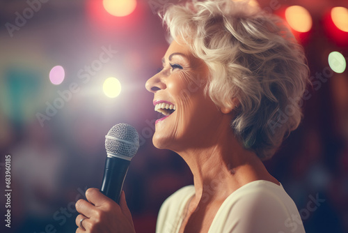 A mature woman singing in karaoke