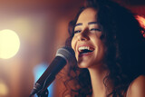 A woman singing in karaoke, closeup detailed photo, soft lighting