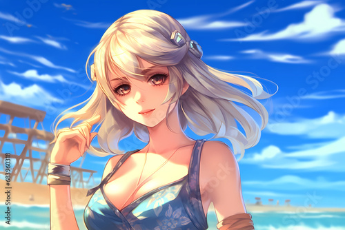 anime/cartoon style woman on the beach