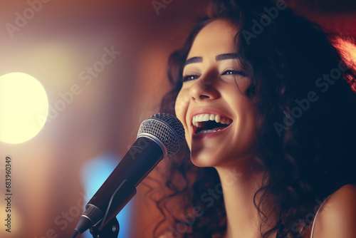 A woman singing in karaoke, closeup detailed photo, soft lighting photo