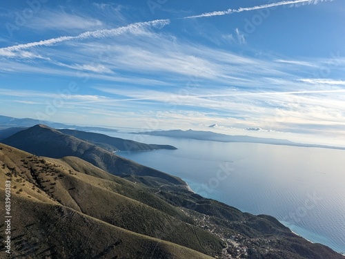 Albanian mountains aerial panorama landscape with scenic views of rocky hills near the seaside, showcasing the natural beauty of Albania.