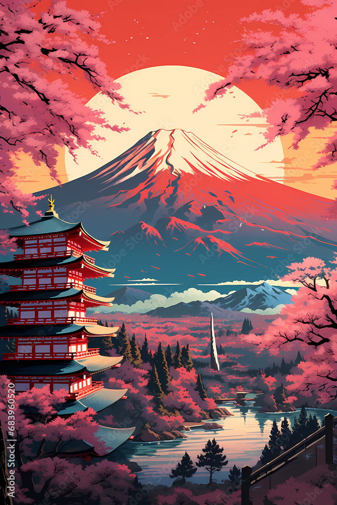 Japanese travel poster with Mount Fuji in the background