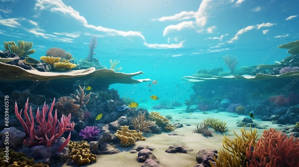 Naklejka premium Coral reef background, underwater world, organisms living underwater