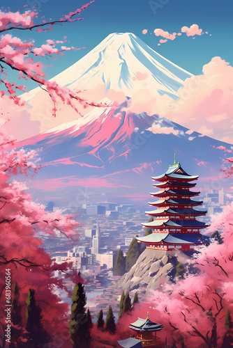 Japanese travel poster with Mount Fuji in the background