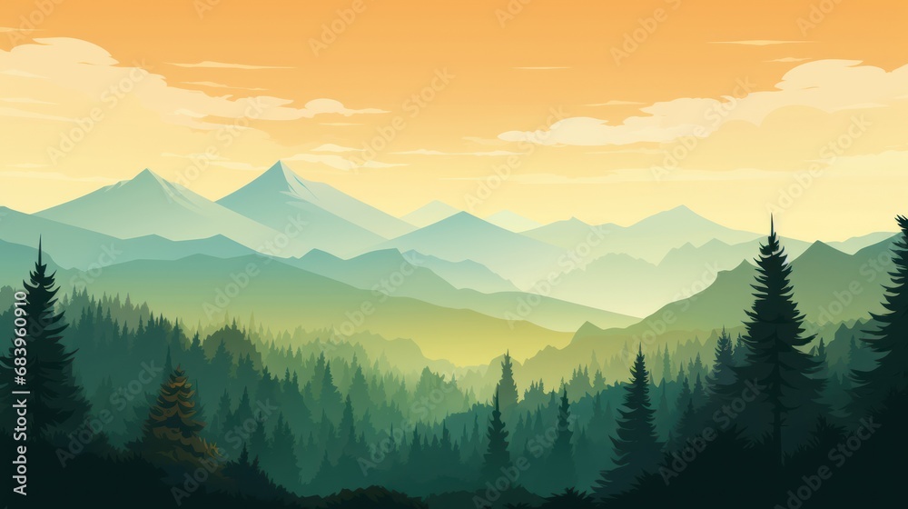  a scenic view of a mountain range with pine trees in the foreground and a yellow sky in the background.