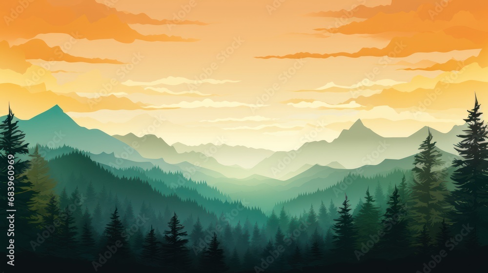  a painting of a sunset over a mountain range with pine trees in the foreground and clouds in the background.