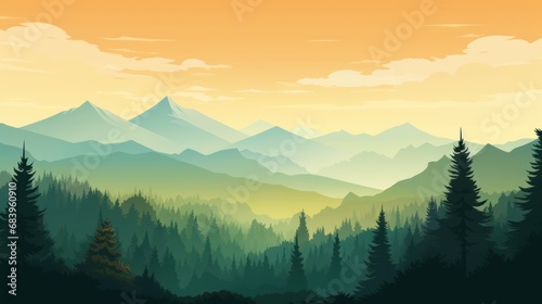  a scenic view of a mountain range with pine trees in the foreground and a yellow sky in the background. © Anna