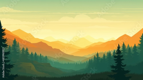  a scenic view of a mountain range with pine trees in the foreground and a yellow sky in the background.