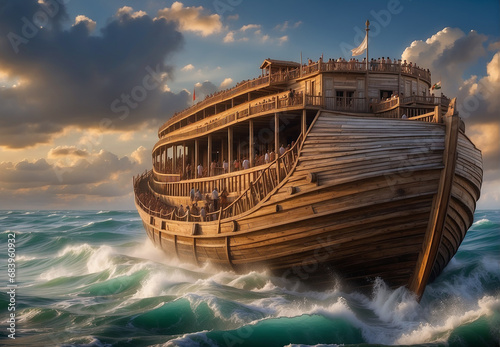 Noah's Ark, a huge ancient wooden ship floating on the sea