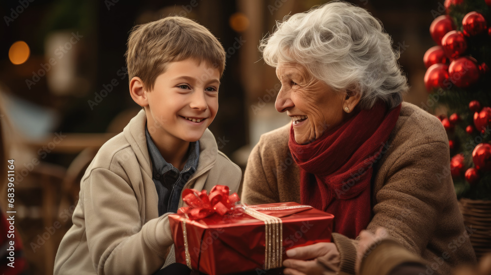 grandson gives a gift to his grandmother, a little boy congratulates an elderly woman on Christmas, New Year, Elderly Day, child, kid, son, happy face, emotions, joy, holiday, present, box, lady grandson gives a gift to his grandmother, a little boy congratulates an elderly woman on Christmas, New Year, Elderly Day, child, kid, son, happy face, emotions, joy, holiday, present, box, lady