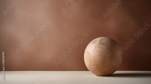  a brown egg sitting on top of a table next to a brown and white wall with a drawing on it.