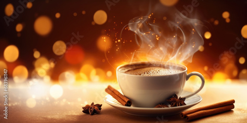 Coffee with Cinnamon. Cup of Hot Aroma Coffee on a Red Background with glowing Bokeh