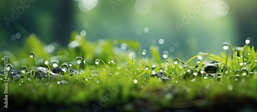 In the morning, as the rain blessed the garden, the green field came alive with the vibrant colors of nature, the lush grass and leaves glistening with dewdrops, showcasing the beauty of every plant's