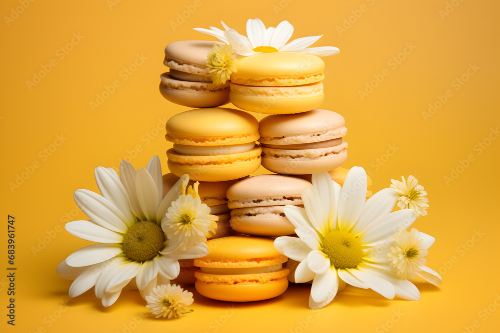 macaroons and daisies flowers on a yellow background, Macaron Magic: A Visual Feast of Exquisite Flavors, Food pleasure. Art concept macaroons and daisies flowers on a yellow background, Macaron Magic: A Visual Feast of Exquisite Flavors, Food pleasure. Art concept