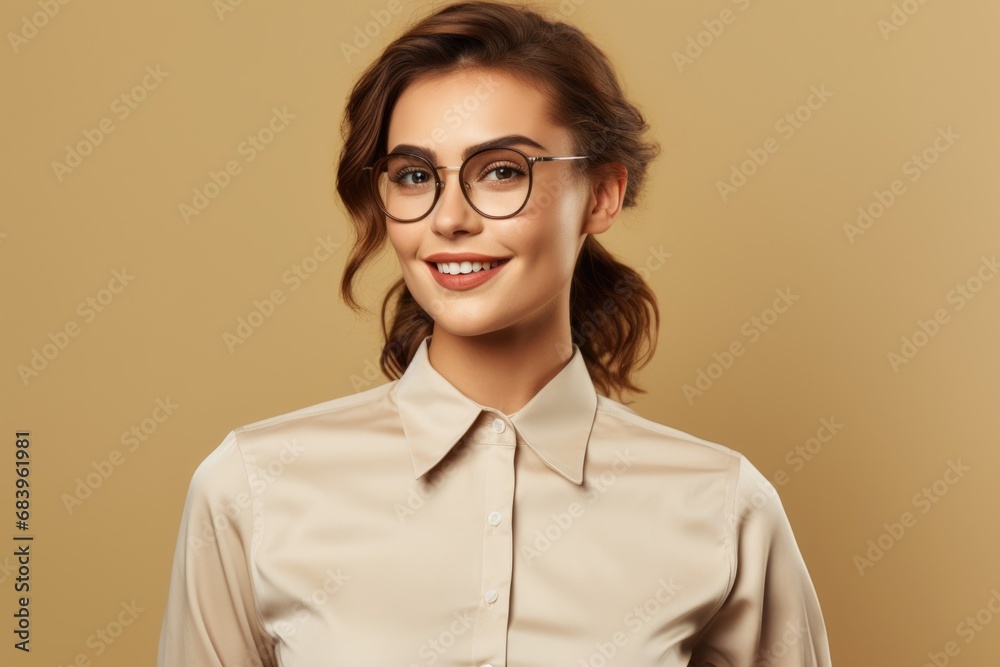 attractive woman with glasses on beige background