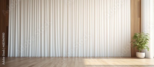 In the modern, luxurious house, the white curtains gracefully drape over the window, creating an abstract texture against the wood design, while allowing light to illuminate the interior room's floor