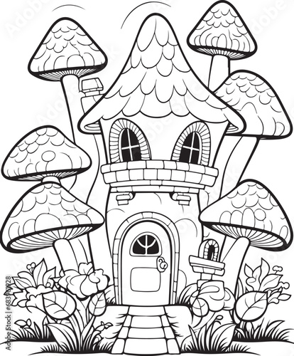 Mushroom coloring page. Mushroom coloring book page. Black and white mushroom outline. Mushroom house coloring page.