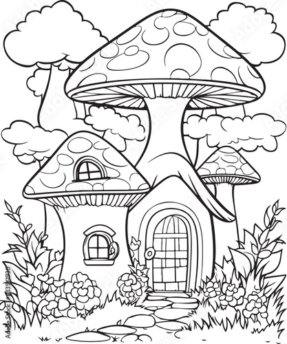 Mushroom coloring page. Mushroom coloring book page. Black and white mushroom outline. Mushroom house coloring page.