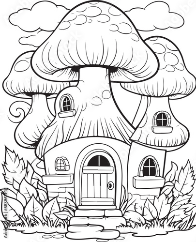 Mushroom coloring page. Mushroom coloring book page. Black and white mushroom outline. Mushroom house coloring page.