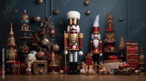 a nutcracker standing in front of a christmas tree surrounded by other christmas decorations and a small christmas tree.