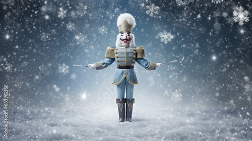  a nutcracker is standing in the snow with his arms out and a hat on his head and a cane in his hand.