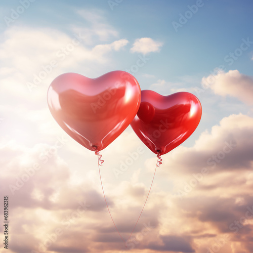 romantic background with red balloons in shape of heart