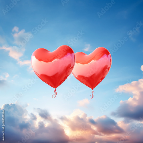 romantic background with red balloons in shape of heart