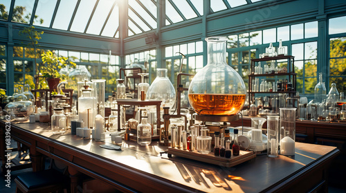 Science laboratory research with equipment, test tubes and glassware on table. Generative AI technology