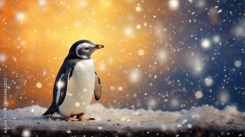 Fototapeta premium a small penguin standing on top of a pile of snow in front of a yellow and blue sky with snow flakes.