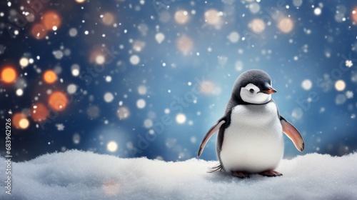  a small penguin standing on top of a pile of snow next to a blue sky filled with snowflakes.