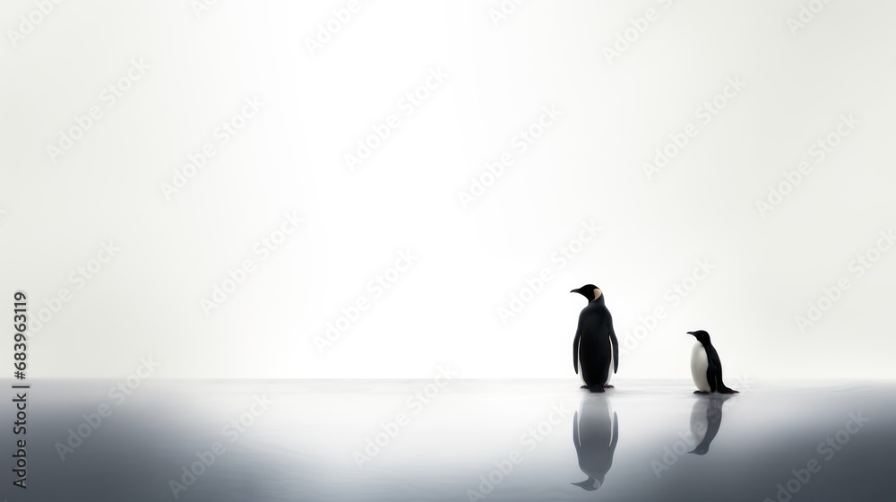 Obraz premium a couple of penguins standing next to each other on top of a body of water in front of a white wall.