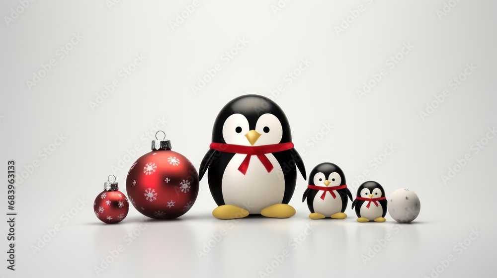 a group of penguins standing next to each other in front of a christmas ornament and bauble. a group of penguins standing next to each other in front of a christmas ornament and bauble.
