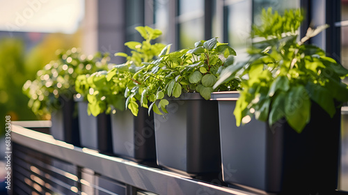 Des plantes qui poussent dans des jardinières alignées sur le garde-corps d'un balcon, formant un petit jardin suspendu. photo
