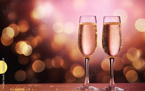 dos copas con champán rosa para brindar en navidad sobre fondo morado y dorado desenfocado. concepto celebraciones, dia de la madre, año nuevo, san Valentin, navidad