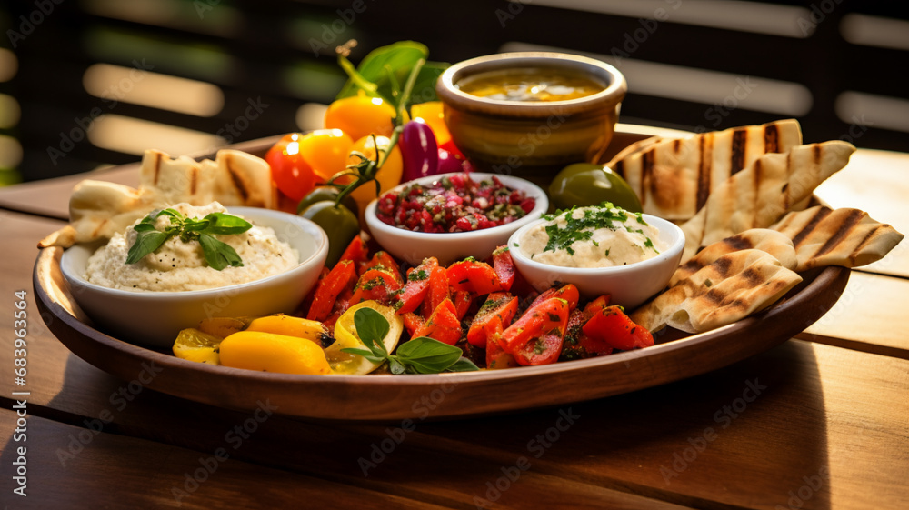 A platter of fresh Mediterranean mezze, AI Generative. A platter of fresh Mediterranean mezze, AI Generative.