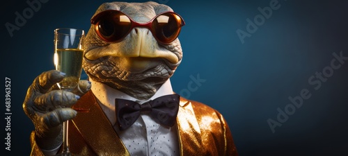 New Year's Eve, Sylvester, New Year or birthday party greeting card - Funny turtle with suit, bow tie and champagne glass, champagne cheers during a celebration, isolated on dark blue background