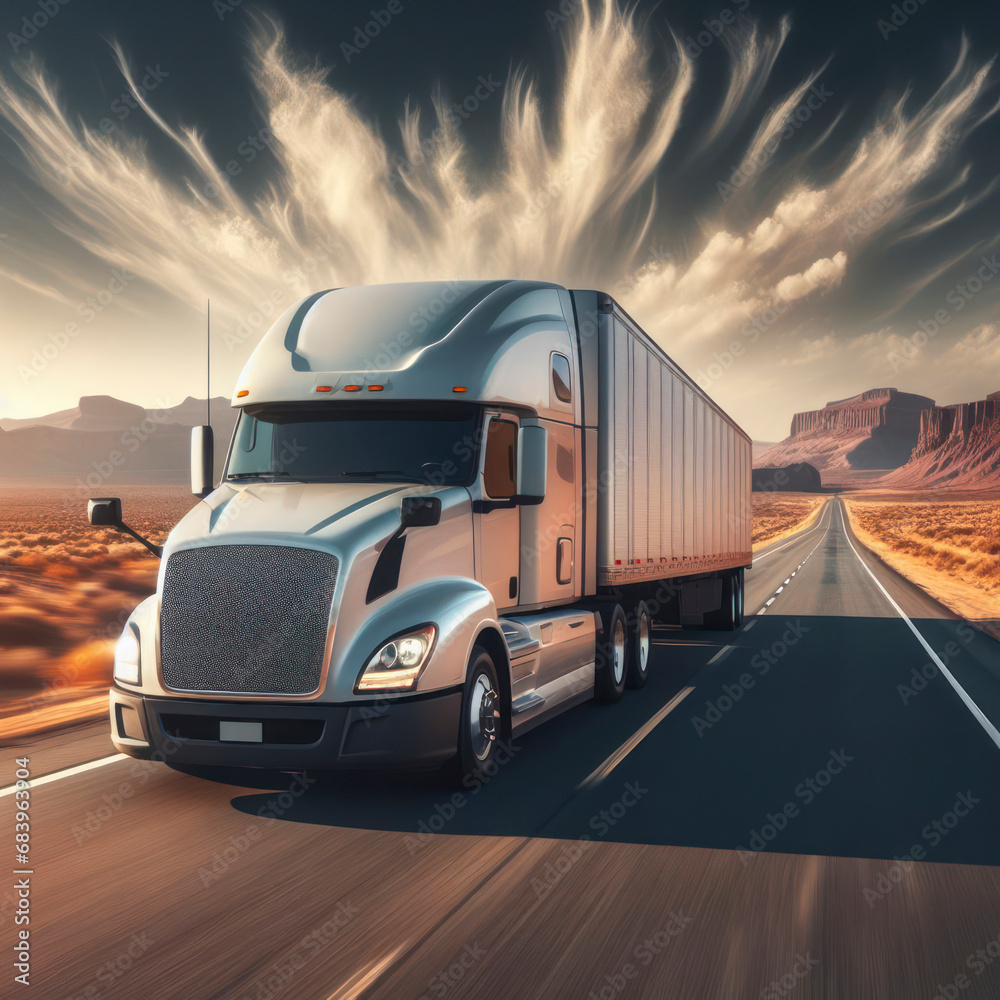 Semi truck driving fast on long road with desert landscape. Transportation and delivery concept. ai generative